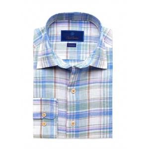 NEW DAVID DONAHUE men's long sleeve plaid linen shirt in sage & blue